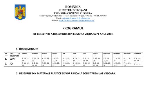 PROGRAMUL DE COLECTARE A DEȘEURILOR DIN COMUNA VIIȘOARA PE ANUL 2024