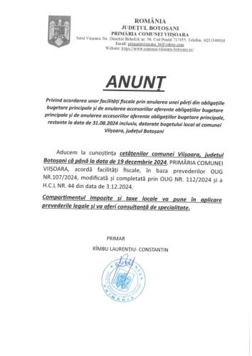 Acordarea unor facilități fiscale prin anularea unei părți din obligațiile bugetare principale și de anularea accesoriilor aferente obligațiilor bugetare principale și de anularea accesoriilor aferente obligațiilor bugetare principale, restante la data de 31.08.2024 inclusiv, datorate bugetului local al comunei Viișoara, județul Botoșani